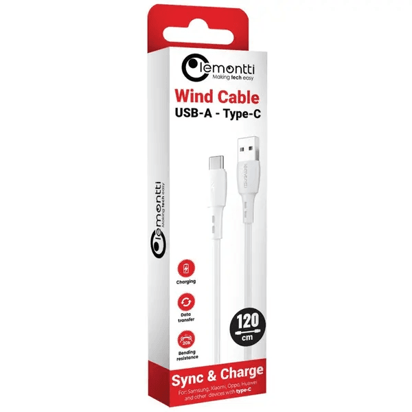 Cablu Lemontti Wind Fast Charge USB-A la Type-C, lungime 1.2m, Alb