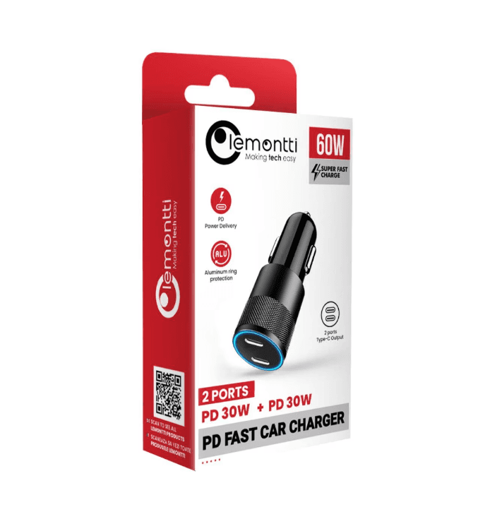 Incarcator auto Lemontti fast Charge Type-C PD,60W, USB-C 30W, USB-C 30W, incarcare rapida pe ambele porturi, intrare: DC 12V-24V, iesire: C1 5V/3A, 9V/3A, 12V/2.5A, iesire: C2  5V/3A, 9V/3A, 12V/2.5ANegru
