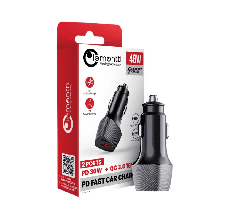 Incarcator auto Lemontti Auto Super Fast Charge 48W 2 porturi PD Type-C 30W + USB-A QC 3.0 Negru