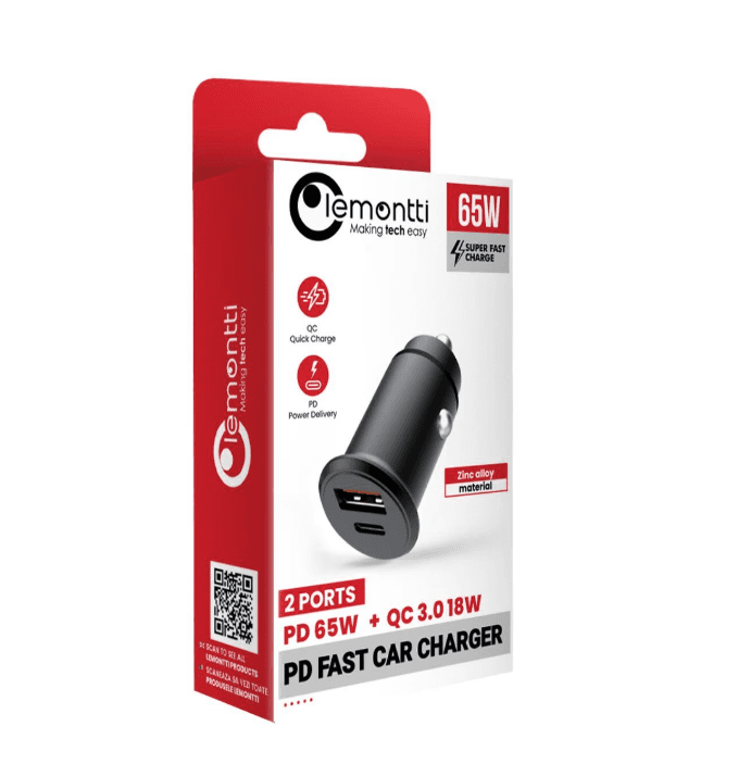 Incarcator auto Lemontti Super Fast Charge 65W 2 porturi PD Type-C 65W + USB-A QC 3.0, Negru
