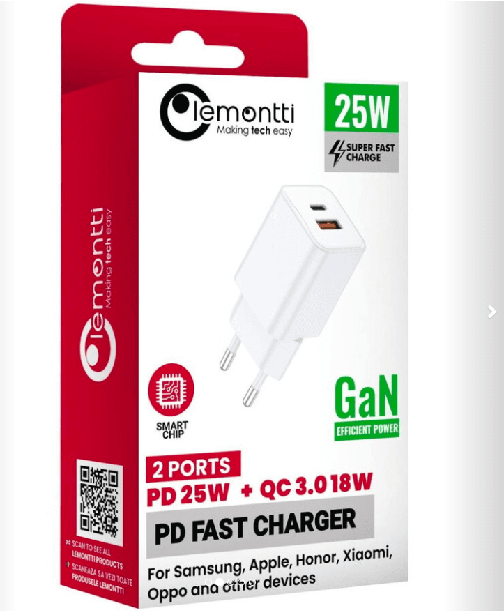 Lemontti Incarcator Retea GaN Dual Port 1x Type-C si 1x USB-A QC 3.0, 25W, Alb