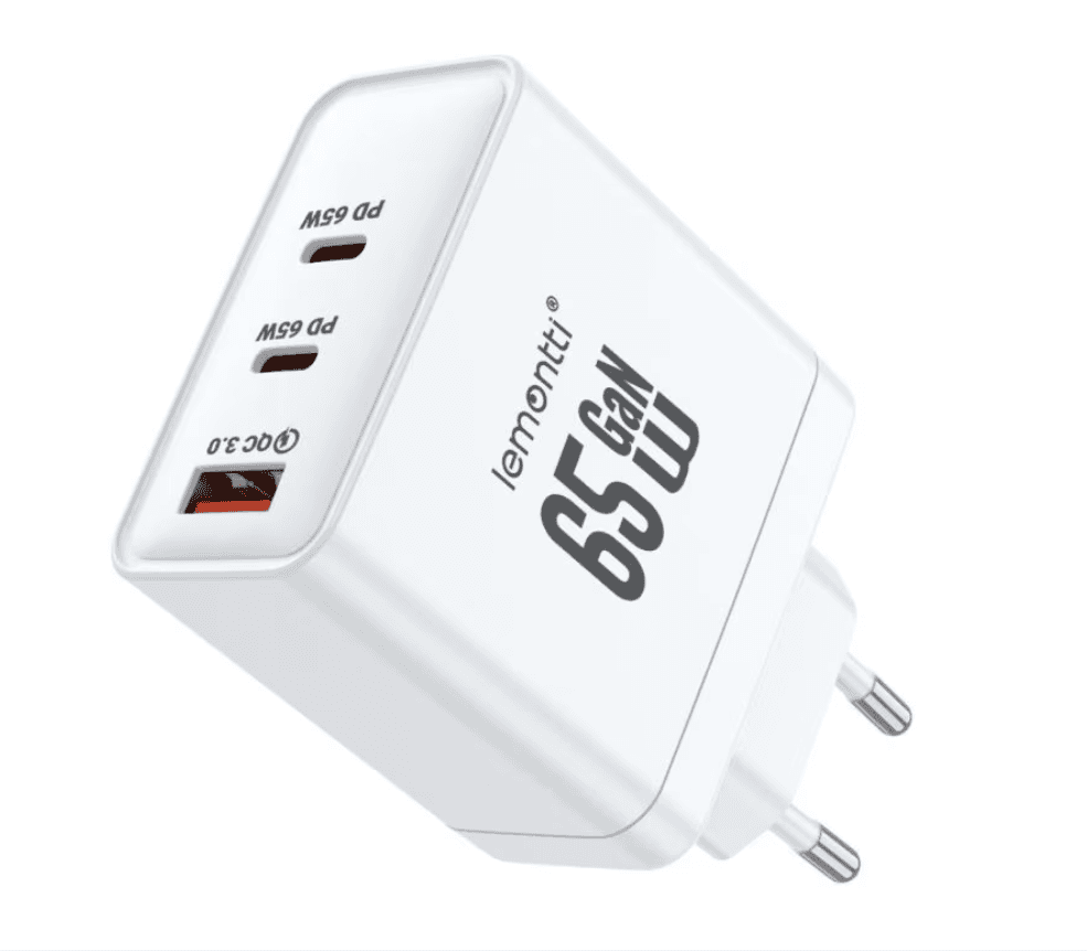Lemontti Incarcator Retea GaN 2x Type-C si 1x USB-A, 65W, Fast Charge, EU Plug, Alb