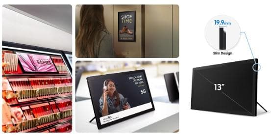 Monitor signage SAMSUNG LH13QBCEBGBXEN, Full HD de 33 cm (13") QB13C, 1920 x 1080 pixeli, 8 ms, 500 niți, funcționare 16/7, HDMI, RS232in, USB 2.0, Rețea Ethernet LAN Wi-Fi, WiFi 2.4/5GHz, negru