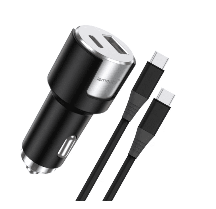Incarcator auto Lemontti Fast Charge 1 x port PD Type-C 20W + 1 x port USB-A QC 3.0 18W cu cablu Type-C la Type-C 20W, lungime 1m, Negru/Argintiu