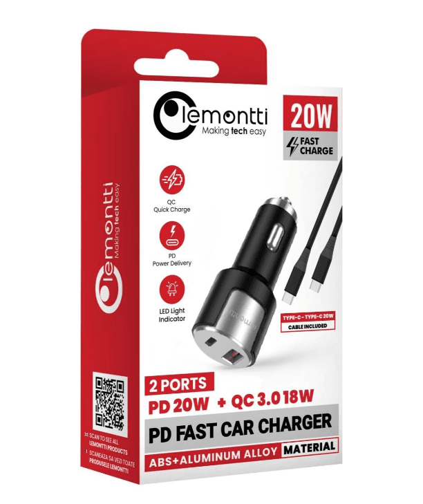 Incarcator auto Lemontti Fast Charge 1 x port PD Type-C 20W + 1 x port USB-A QC 3.0 18W cu cablu Type-C la Type-C 20W, lungime 1m, Negru/Argintiu
