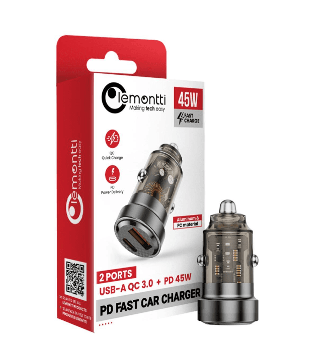 Incarcator auto Lemontti putere iesire 45W, dual Port PD Type-C + USB QC, incput: DC 12-24V, USB OUTPUT(45W), 5V/3A,4.5V/5A,5V/4.5A,9V/3A,12V/3A(15V/3A,20V/2.25A), TYPE C OUTPUT(45W)：5V/3A,4.5V/5A,5V/4.5A,9V/3A,12V/3A,15V/3A,20V/2.25A