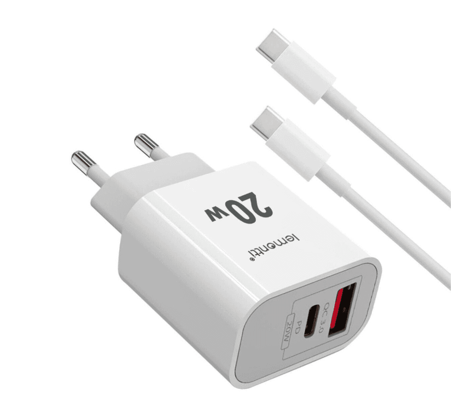 Lemontti Set Incarcator Retea Fast Charge 20W 1 x PD Type-C + 1 x USB-A Quick Charge 3.0 si cablu Type-C-Type-C 20W 1m Alb