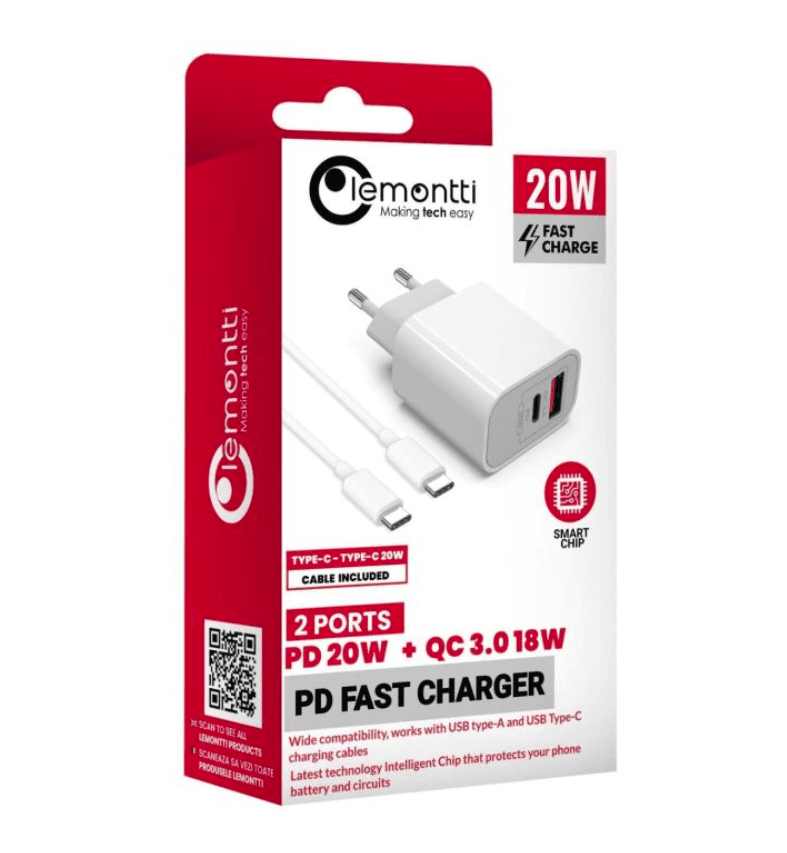 Lemontti Set Incarcator Retea Fast Charge 20W 1 x PD Type-C + 1 x USB-A Quick Charge 3.0 si cablu Type-C-Type-C 20W 1m Alb