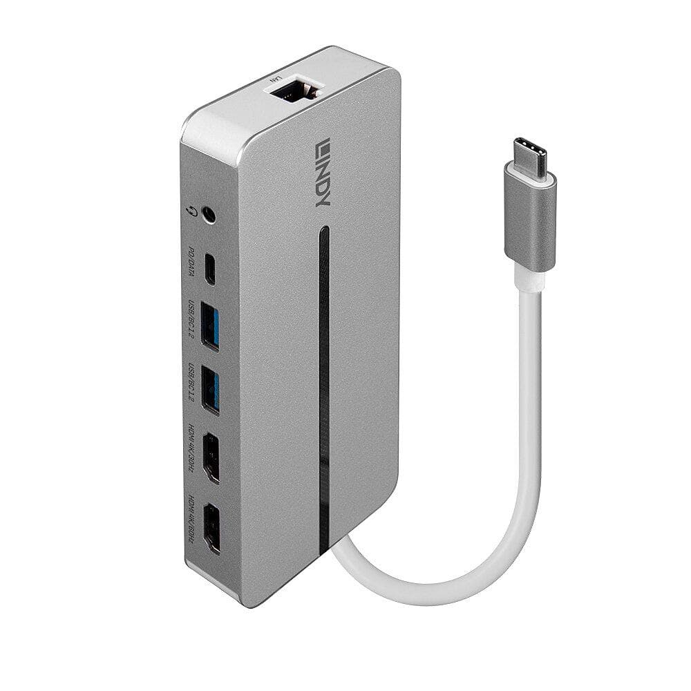 Lindy DST-Mx Duo Mini Docking Station USB Type-C, Dual display (4k), 100W Pass-through charging, rezolutie single display 4k@60, rezolutie dual display 4k@60 + 4k@30, 2x USB Type A, 1x USB-C (PD & Data), 2x HDMI, 1x RJ45, 2x Card reader (microSD & SD), 1x 3.5mm audio jack