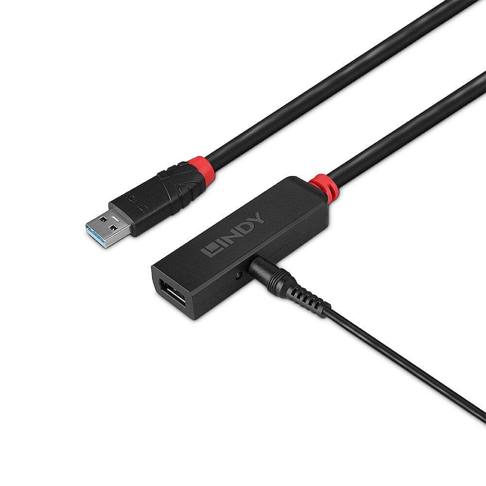 Adaptor Lindy USB 3.0 Active Extension Slim, material PVC, lungime cablu 5m, latime de banda suportata 5 Gbps, putere 2.5/0.7mm DC Connector