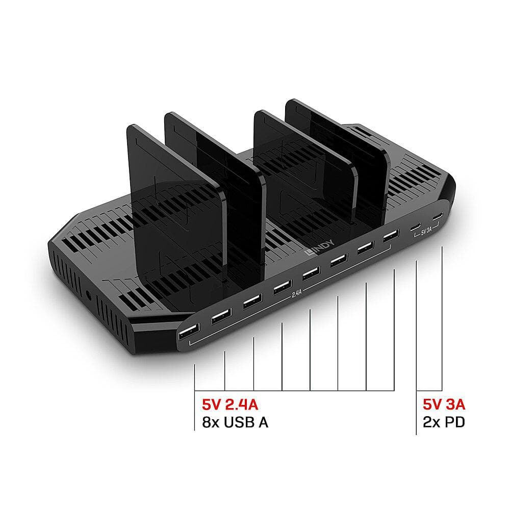 Statie de incarcare USB Lindy, 10 porturi, putere maxima 120W, negru