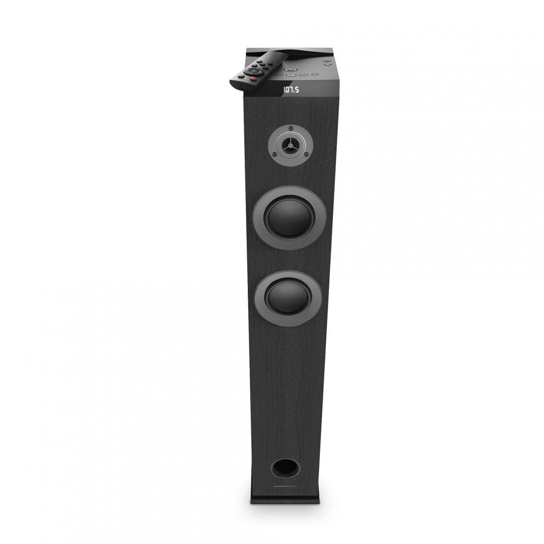 Sistem Audio 2.1 Energy System Tower 5 MAX, bluetooth 5.3, interfata jack 3.5mm, putere: 100W, frecventa raspuns 40 Hz ~ 18 kHz, frecventa FM: 87,5 - 108 MHz, ecran/afisaj: LED, suport card de memorie: microSD si stick-uri USB pana la 128 GB, include telecomanda, material: lemn, dimensiuni