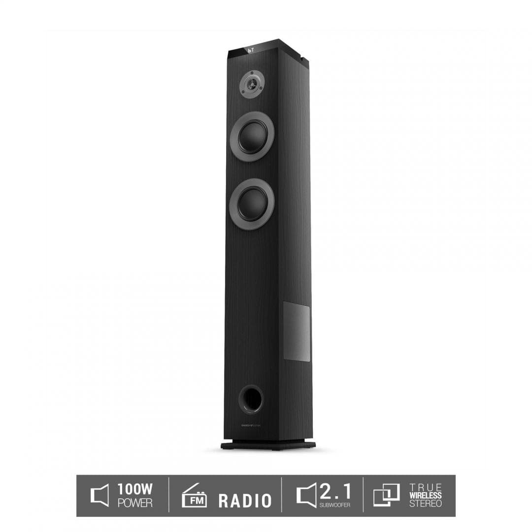 Sistem Audio 2.1 Energy System Tower 5 MAX, bluetooth 5.3, interfata jack 3.5mm, putere: 100W, frecventa raspuns 40 Hz ~ 18 kHz, frecventa FM: 87,5 - 108 MHz, ecran/afisaj: LED, suport card de memorie: microSD si stick-uri USB pana la 128 GB, include telecomanda, material: lemn, dimensiuni
