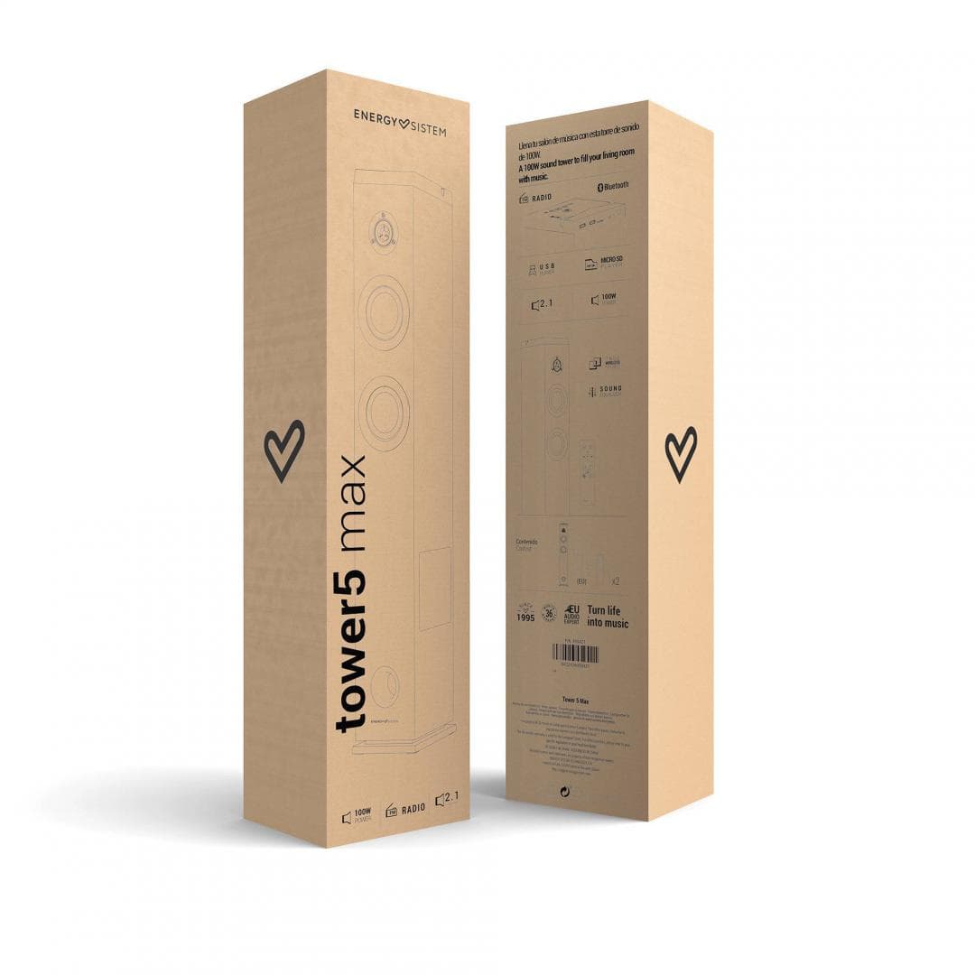 Sistem Audio 2.1 Energy System Tower 5 MAX, bluetooth 5.3, interfata jack 3.5mm, putere: 100W, frecventa raspuns 40 Hz ~ 18 kHz, frecventa FM: 87,5 - 108 MHz, ecran/afisaj: LED, suport card de memorie: microSD si stick-uri USB pana la 128 GB, include telecomanda, material: lemn, dimensiuni