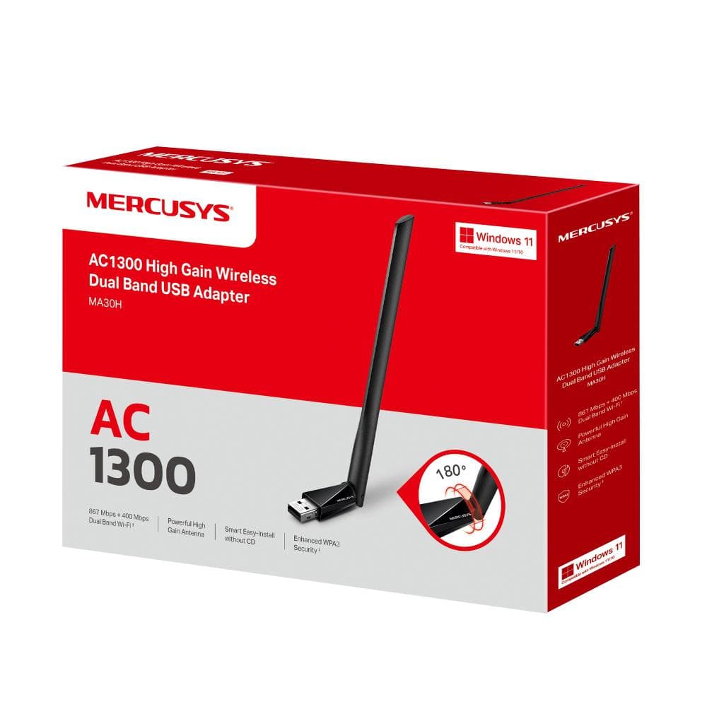 Adaptor Mercusys USB Dual Band High Gain AC1300, Standarde Wireless: IEEE 802.11 a/n/ac 5 GHz, IEEE 802.11 b/g/n 2.4 GH, Rata semnal:  5 GHz 867 Mbps, 2.4 GHz 400 Mbps, Interfata: USB 2.0,  1 antenă externă High Gain 5dBi.