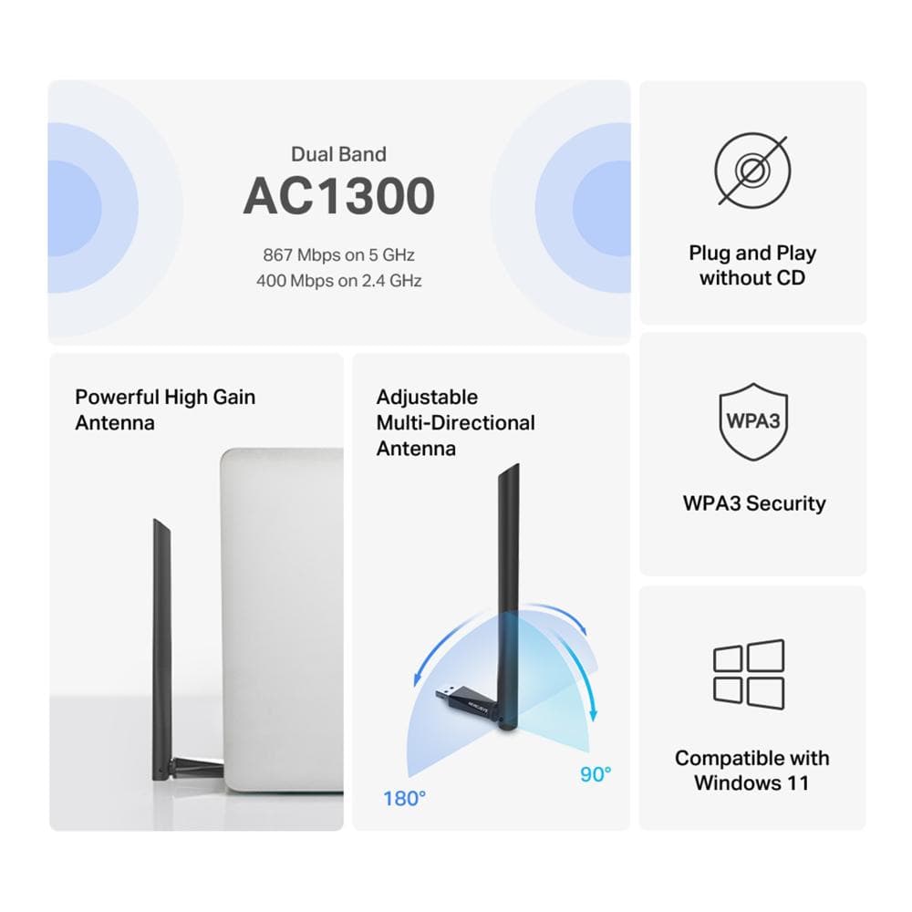 Adaptor Mercusys USB Dual Band High Gain AC1300, Standarde Wireless: IEEE 802.11 a/n/ac 5 GHz, IEEE 802.11 b/g/n 2.4 GH, Rata semnal:  5 GHz 867 Mbps, 2.4 GHz 400 Mbps, Interfata: USB 2.0,  1 antenă externă High Gain 5dBi.