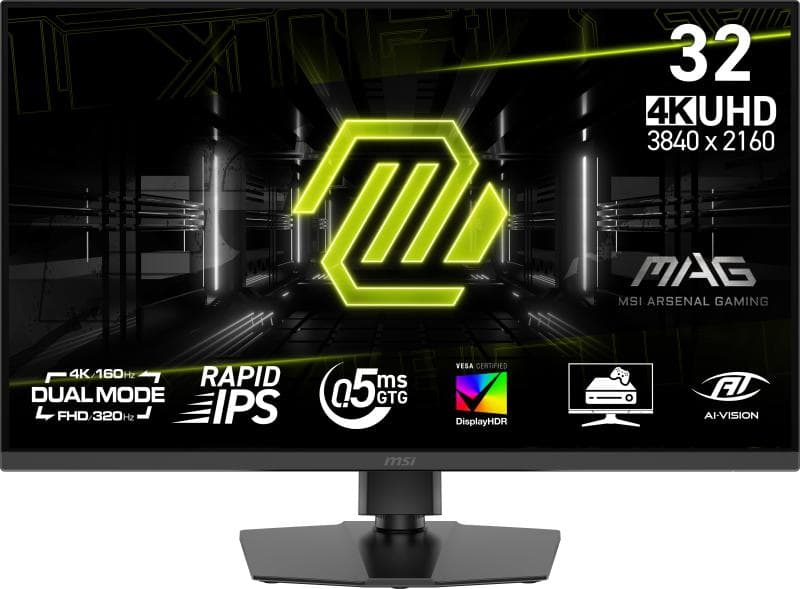 Monitor MSI 31.5" MAG 322URDF E16, Diagonal (inch): 31.5, Diagonal (cm): 80, Aspect ratio: 16:9, Panel: Fast IPS, Resolution: 3840x2 160/1920x1080, Refresh Rate: 160Hz/320Hz, Response time GtG: 0.5ms, Brightness (max): 400 cd/m², Contrast (static) : 1000:1, Contrast (dynamic): 100M:1, Viewing angle