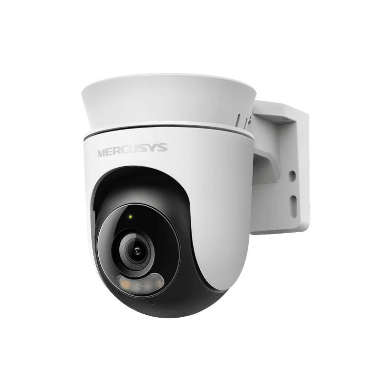 Outdoor Pan/Tilt Security Wi-Fi Camera SPEC: 2K resolution (2304*1296), Pan and Tilt (360° Horizontal), Built- in microphone and speaker, Color Night Vision, 2.4GHz Wi-Fi FEATURE: MERCUSYS APP, Pan/Tilt, Smart Detection and Notification (Motion & Person), Motion Tracking, Sound and Light Alarm