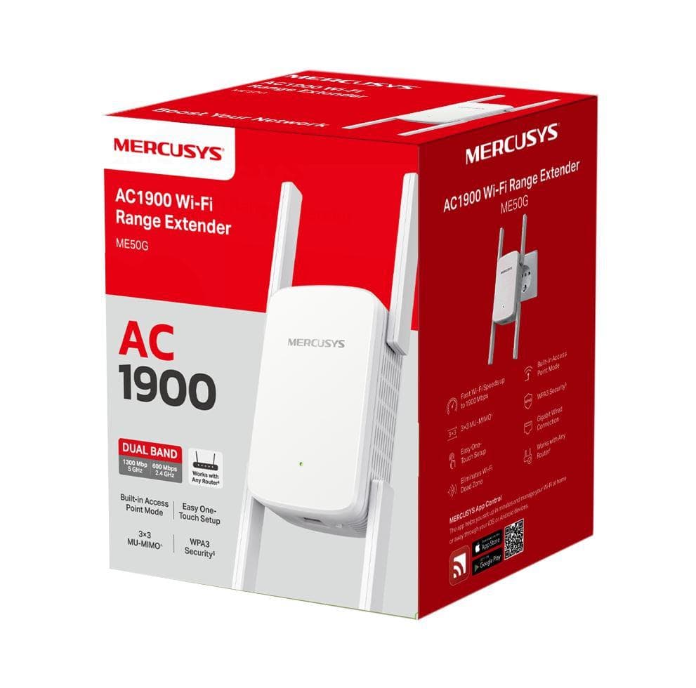 Wi-Fi Range Extender Mercusys AC1900  ME50G; Dual-Band, Standarde Wireless: IEEE 802.11a/n/ac 5 GHz, IEEE 802.11b/g/n 2.4 GHz, Viteza wireless:  600 Mbps at 2.4GHz, 1300 Mbps at 5GHz, Interfata: 1 x Gigabit Ethernet Port, 4 x Andene externe, Consum: 12W, Dimensiuni: 84.7×76.3× 112 mm.