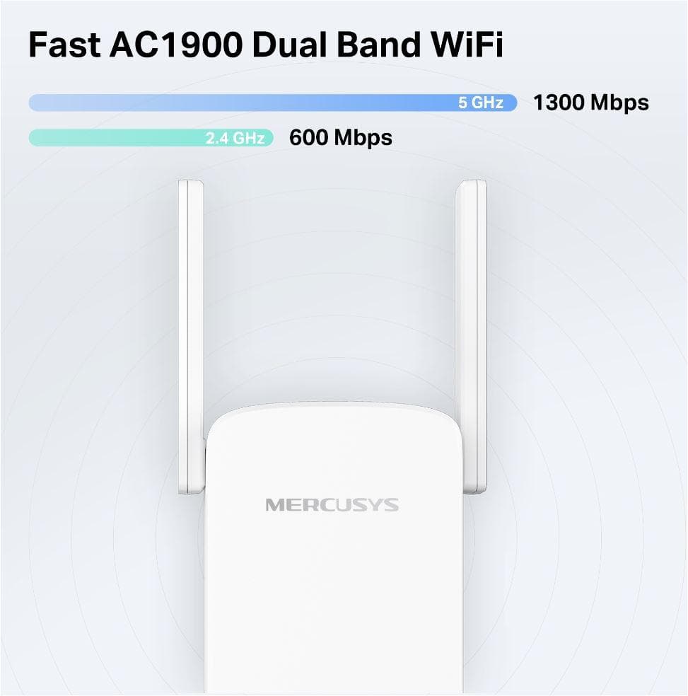 Wi-Fi Range Extender Mercusys AC1900  ME50G; Dual-Band, Standarde Wireless: IEEE 802.11a/n/ac 5 GHz, IEEE 802.11b/g/n 2.4 GHz, Viteza wireless:  600 Mbps at 2.4GHz, 1300 Mbps at 5GHz, Interfata: 1 x Gigabit Ethernet Port, 4 x Andene externe, Consum: 12W, Dimensiuni: 84.7×76.3× 112 mm.