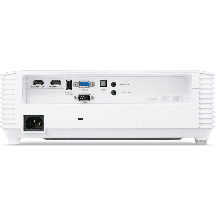 Videoproiector Acer X1827, 4K 3840* 2160, 4.000 lumeni, 16:9/ 4:3, 10.000:1, dimensiune maxima imagine, distanta maxima de proiectie 10 m, boxa 10W, lampa 5.000 ore/ 12.000 ore ecomode, 26 dB, 3.1 kg, D-sub, 2* HDMI, PC audio in/ out, DC Out (5V/1.5A, USB Type A), SPDIF Audio (Optical), RS232, cablu