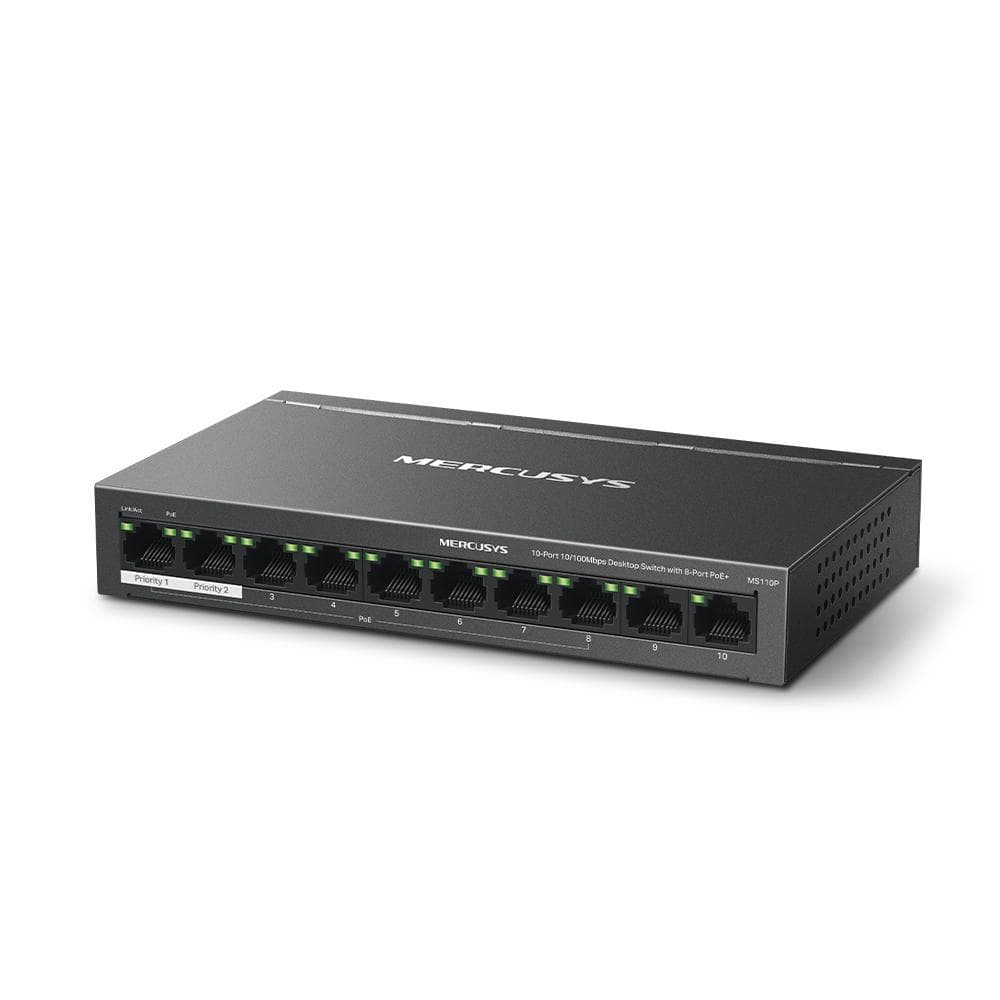 MERCUSYS DESKTOP SWITCH 10PORT MS110P POE, Interfata:  10× 10/100 Mbps, Standarde si protocoale:  IEEE 802.3x Flow Control, Dimensiuni:  171*98* 27 mm, Porturi POE: 1-8, Buget POE: 65W.