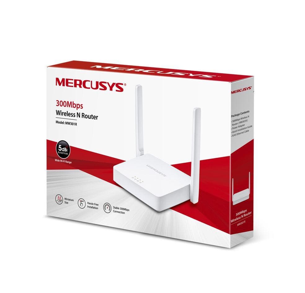 Router Wireless Mercusys N 300 Mbps, MW301R; Standarde Wireless: IEEE 802.11n, IEEE 802.11g, IEEE 802.11b, Frecventa: 2.4 - 2.4835GHz, Rata semnal: 11n: Up to 300Mbp, 11g: Up to 54Mbps, 11b: Up to 11Mbps, Interfata: 2 10/100Mbps LAN, 1 10/100Mbps WAN, Antene: 2x 5dBi.