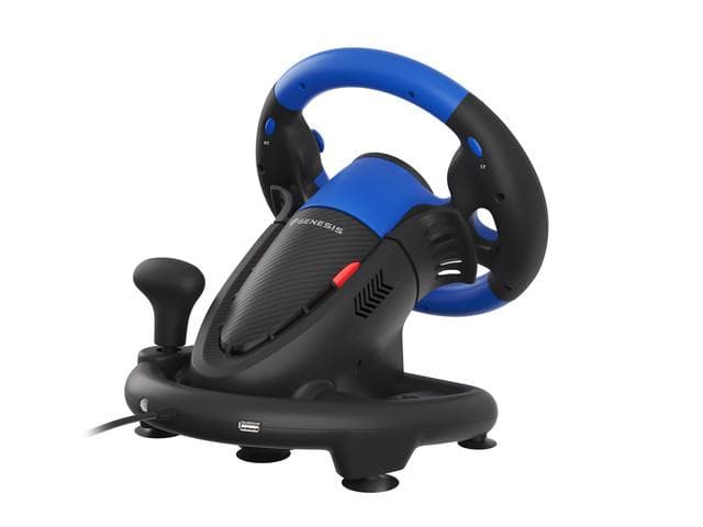 Volan Genesis cu fir Seaborg 350, interfata USB, 15 butoane, rotatie 180°, lungime cablu 200cm, compatibil cu Microsoft XBOX 360, XBOX One, Microsoft XBOX Series S, Microsoft XBOX Series X, Nintendo Switch, PC. Sony PlayStation 3, Sony PlayStation 4, negru/albastru