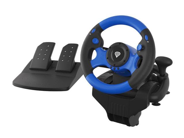 Volan Genesis cu fir Seaborg 350, interfata USB, 15 butoane, rotatie 180°, lungime cablu 200cm, compatibil cu Microsoft XBOX 360, XBOX One, Microsoft XBOX Series S, Microsoft XBOX Series X, Nintendo Switch, PC. Sony PlayStation 3, Sony PlayStation 4, negru/albastru