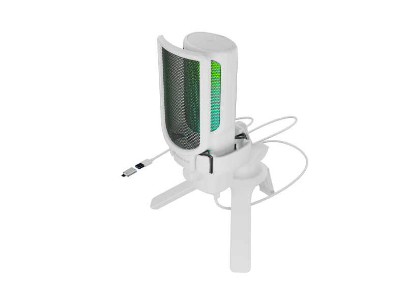 Microfon Genesis Radium 250, tip Condenser, model cardioid, suport fix, conectivitate USB-C, raspuns in frecventa 50 - 16.000 Hz, sensibilitate 40 dB, lungime cablu 200 cm, alb