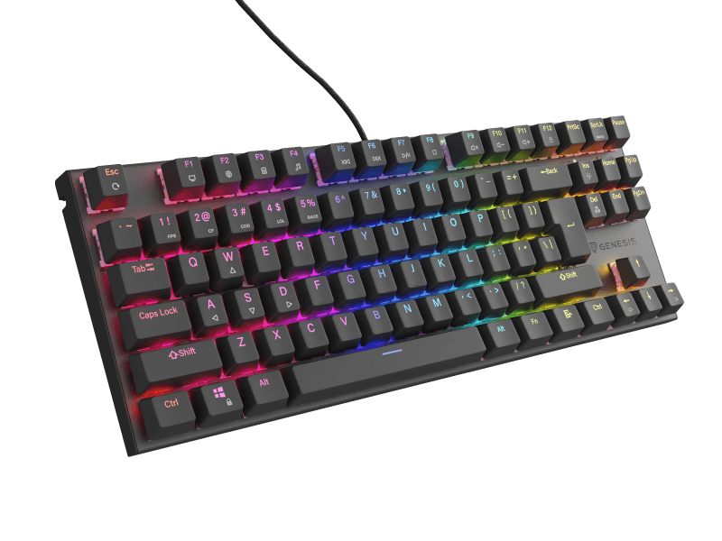 Tastatura gaming mecanica cu fir Genesis Thor 303 TKL, iluminare RGB, switch Linear, switch model Outemu Peach Silent, numar taste 87, 11 butoane multimedia, lungime cablu 1.8m, dimensiuni 355 x 136 x 36 mm, negru
