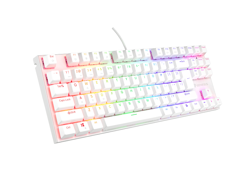 Tastatura gaming mecanica cu fir Genesis Thor 303 TKL, iluminare RGB, switch Linear, switch model Outemu Pitch Silent, numar taste 87, 11 butoane multimedia, lungime cablu 1.8m, dimensiuni 355 x 136 x 36 mm ,alb