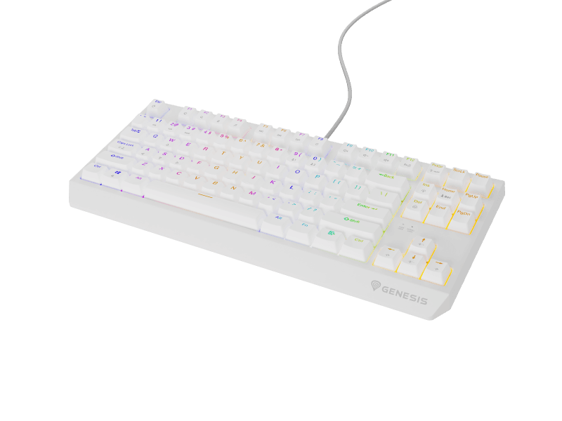 Tastatura gaming mecanica cu fir Genesis Thor 230 TKL, iluminare RGB, switch Linear, switch model Outemu Red, numar taste 87, 11 butoane multimedia, lungime cablu 1.6m, dimensiuni 363 x 155 x 39 mm, alb