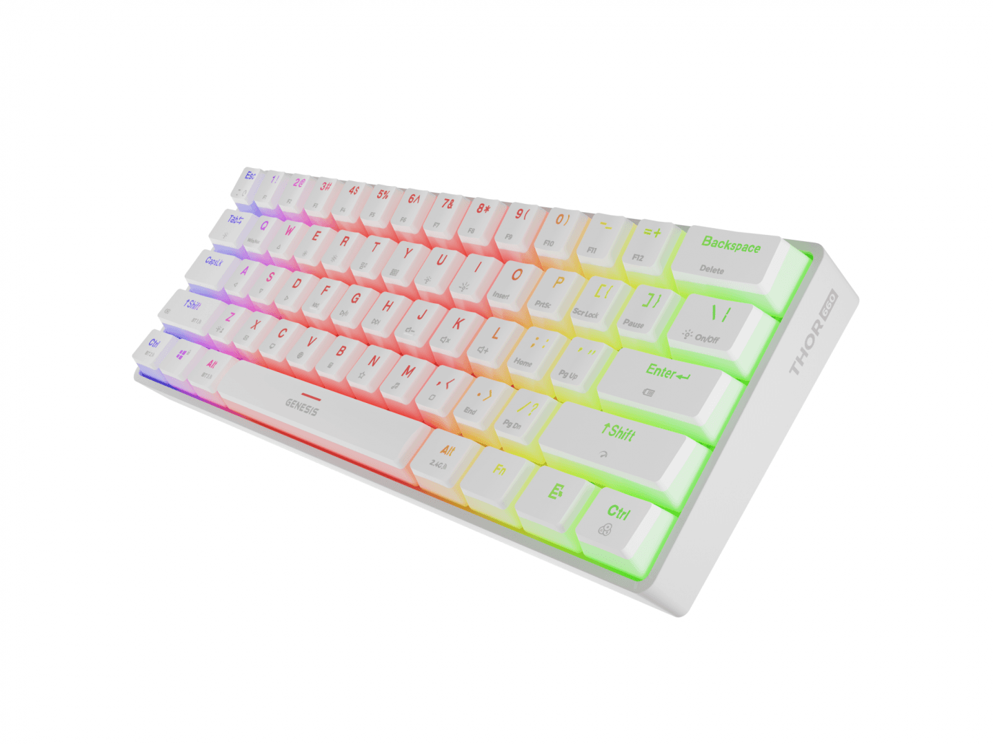 Tastatura gaming mecanica wireless Genesis Thor 660 G2 60% , iluminare RGB, switch Tactile, switch model Gateron Brown, numar taste 61, 13 butoane multimedia, lungime cablu 1.5m, dimensiuni 293 x 102 x 39 mm, alb