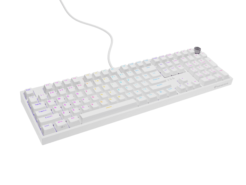 Tastatura gaming mecanica cu fir Genesis Thor 404, iluminare RGB, switch Linear, switch model Gateron Yellow Pro, numar taste 107, 11 butoane multimedia, lungime cablu 1.8m, dimensiuni 439 x 133 x 41 mm, alb