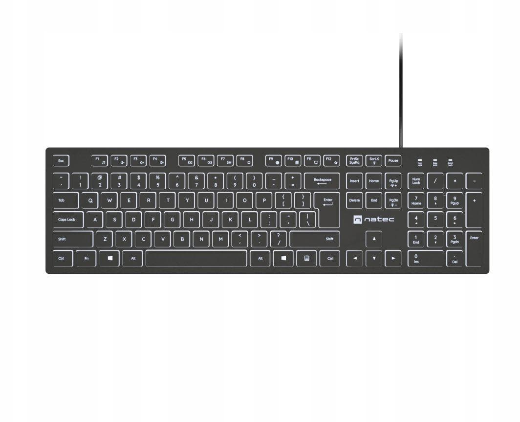 Tastatura Natec cu fir Herring Slim, membrana, iluminare alb taste, lungime cablu 150cm, 105 taste, layout ANSI-ISO, negru