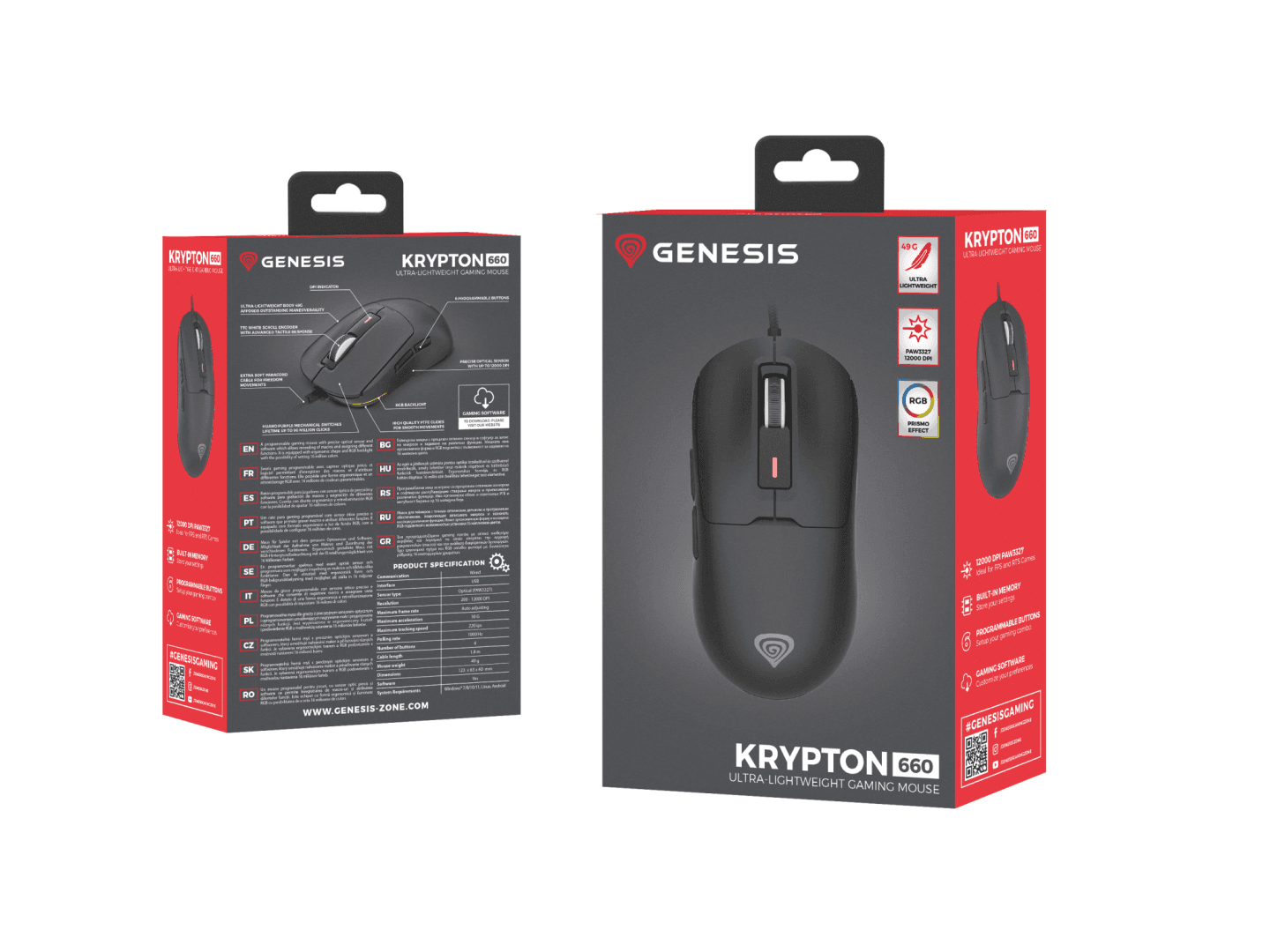 Mouse gaming cu fir Genesis Krypton 660, interfata USB, 12000 DPI, 6 butoane, iluminare RGB, negru