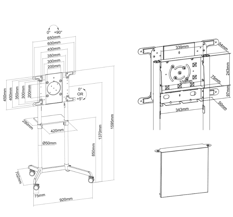 Stand mobil de podea, Neomounts by Newstar NS-M1250BLACK, 37"-70", VESA max. 600x400, suporta pana la 70kg, inclinatie 5°, rotatie 90°, negru
