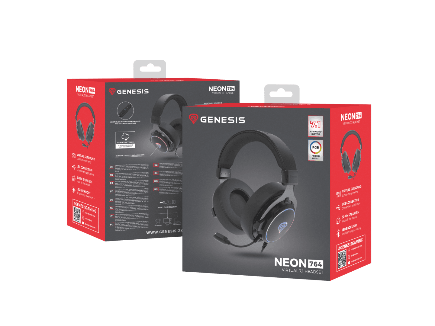 Casti gaming cu fir Genesis Neon 764, sunet 7.1 Surround, microfon, impendanta 32 ohm, frecventa raspuns 20 - 20.000 Hz, lungime cablu 220 cm, iluminare RGB, frecventa raspuns microfon 100 - 10000 Hz, sensibilitate microfon -42dB, impendanta microfon 2200 Ohm, negru