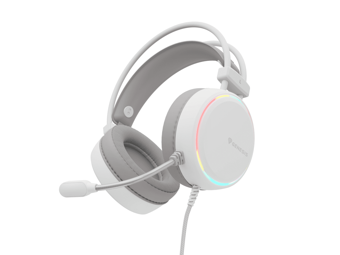 Casti gaming cu fir Genesis Neon 613 G2, sunet stereo, microfon, impendanta 32 Ohm, frecventa raspuns 20 - 20.000 Hz, lungime cablu 220 cm, iluminare RGB, frecventa raspuns microfon 10 Hz - 10 KHz, sensibilitate -42dB, conectivitate 1x Jack 3.5 mm TRRS, alb