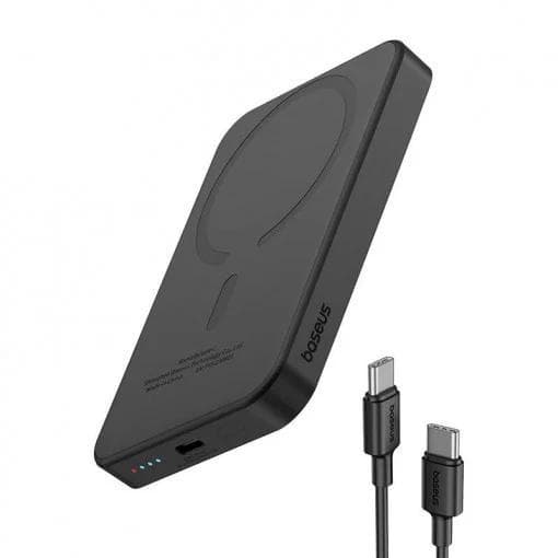 Baterie externa Baseus Magnetic Mini Wireless, 5000mAh, max 20W pe cablu, 1 x USB Type-C output/input, incarcare wireless 15W, include cablu USB Type-C la USB Type-C 30cm, negru