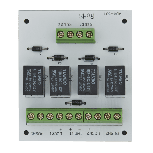 Modul electronic pentru doua usi cu incuietori tip fail-safe cu monitorizare sau buton.