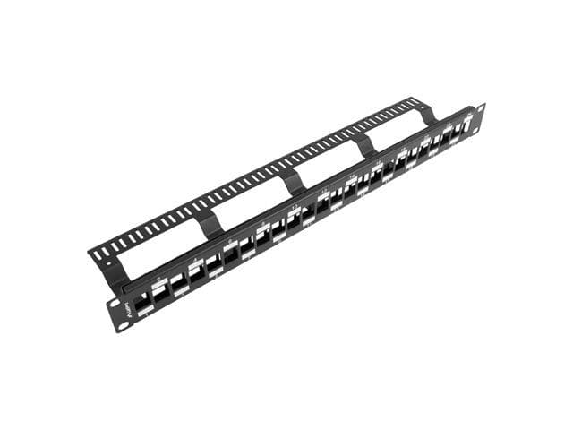 Patch panel gol 24 porturi 1U eșalonat cu organizator pentru module Keystone, negru