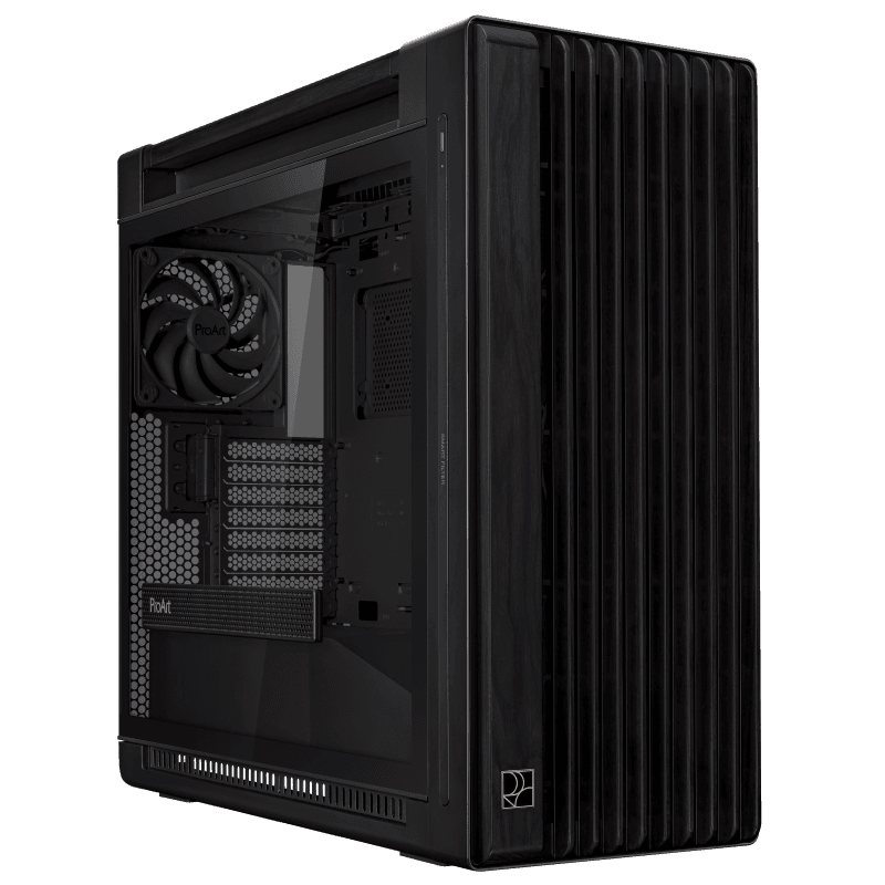 Carcasa ASUS PROART PA602 WOOD EDITION Mid Tower ARGB NEGRU, Tempered Glass, Sloturi Expansiune 8+2 aditional verticale, Drive Bays: 4x3.5"/2.5" 4x2.5", Ventilatoare Suportate: 6 (spate: 1x120mm sau 1x140mm, fata: 2x200mm, sus: 3x120mm sau 3x140mm), Ventilatoare Incluse: 3 (spate: 1x120mm, fata