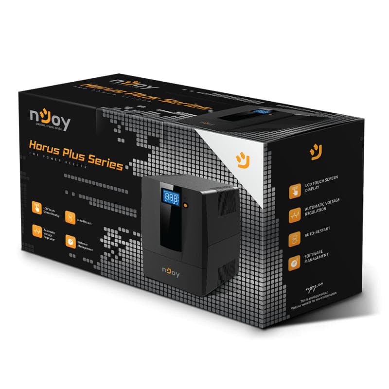 UPS nJoy Horus Plus 800, 800VA/480W, Afisaj LCD cu ecran tactil,2 Prize Schuko cu Protectie, Repornire Automata, RJ11 protectie pentru linia de telefon/modem, Posibilitatea de monitorizare si control prin USB, LAN si internet, port de comunicare USB, rata de eficienta pana la 90%