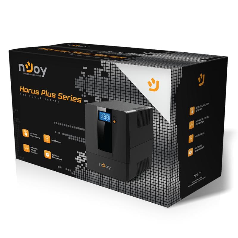 UPS nJoy Horus Plus 1500, 1500VA/900W, Afisaj LCD cu ecran tactil, 4 Prize Schuko cu Protectie, Repornire Automata, RJ11 protectie pentru linia de telefon/modem, Posibilitatea de monitorizare si control prin USB, LAN si internet, port de comunicare USB, rata de eficienta pana la 90%