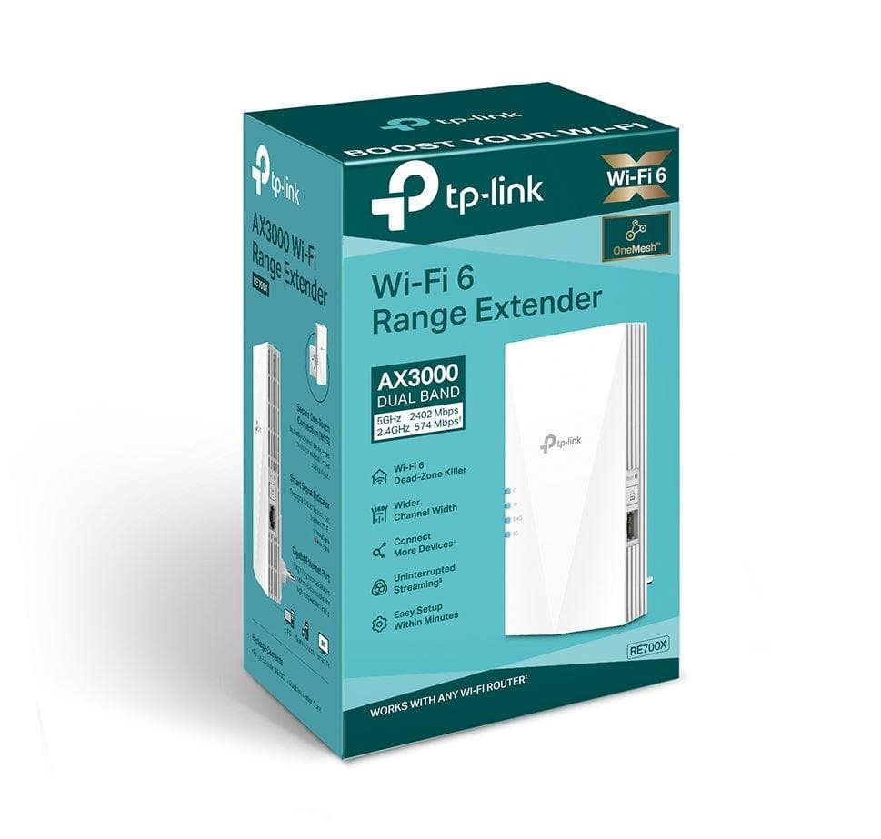 TP-link AX3000 Wi-Fi Mesh Range Extender, RE700X, 1 Port Ethernet Gigabit, 2 Antene interne, Standarde Wireless, IEEE 802.11a/n/ac/ax 5GHz, IEEE 802.11b/g/n/ax 2.4GHz, frecventa 2.4, 5 Ghz, 574 Mbps at 2.4GHz, 2402 Mbps at 5GHz.