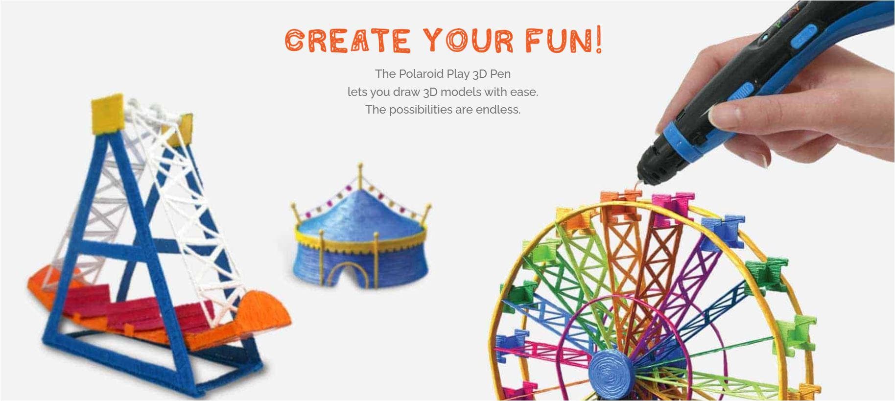 Stilou 3D POLAROID PLAY, foloseste filament PLA 1.75mm, varsta recomandata: 14+, oprire automata, alimentare prin cablu USB, putere alimentare: 5.0V, 2.0A, Adaptorul USB nu este inclus, continut pachet: 1 xStilou 3D Polaroid Play, 1 x cablu USB 1.5m, 4 x filament de 5m diverse culori, 1 x ghid