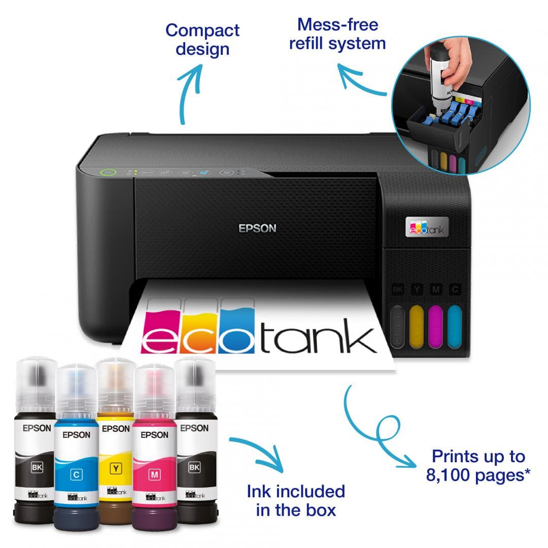 Multifunctional inkjet color Epson EcoTank CISS L3270, dimensiune A4 (Printare,Copiere, Scanare), printare borderless, viteza 33ppm alb- negru, 15ppm color, rezolutie 5760x1440 dpi, alimentare hartie 100 coli, scanner CIS rezolutie 1.200  x 2.400 DPI, interfata: USB ,WI-FI, WI-FI Direct consumabile