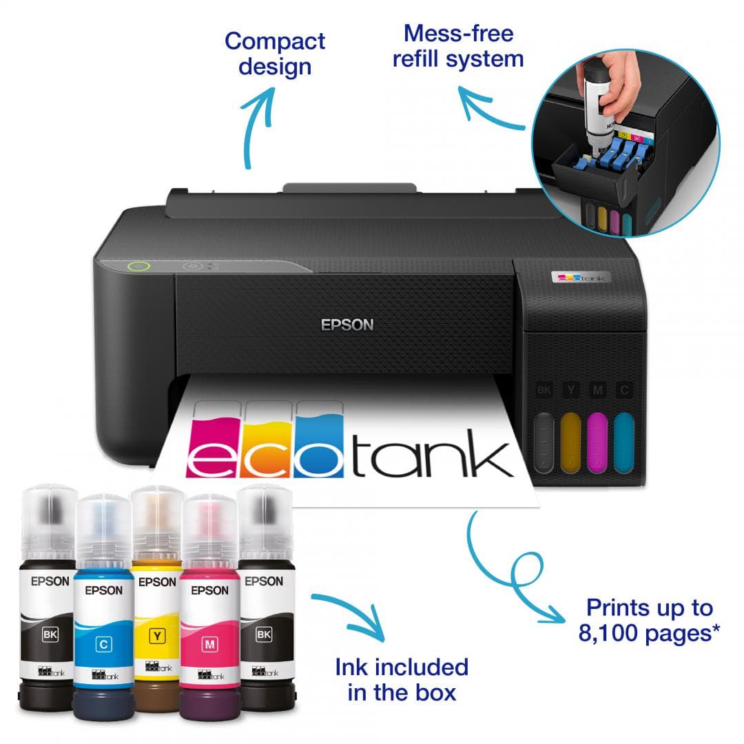 Imprimanta inkjet color CISS Epson L1230, dimensiune A4, viteza max 33ppm alb-negru, 15ppm color, rezolutie printer 5760x1440dpi, alimentare hartie 100 coli, imprimare fara margini, interfata: USB 2.0, consumabile: 103 ecotank Black, Cyan, Magenta, Yellow, C13T00S14A , C13T00S24A, C13T00S34A,